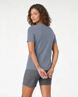 StringKing Women's Pima Terry V-Neck Tee - Sharp Fit, Tradewinds, Full Back - Human Model - Top of head to Mid-thigh