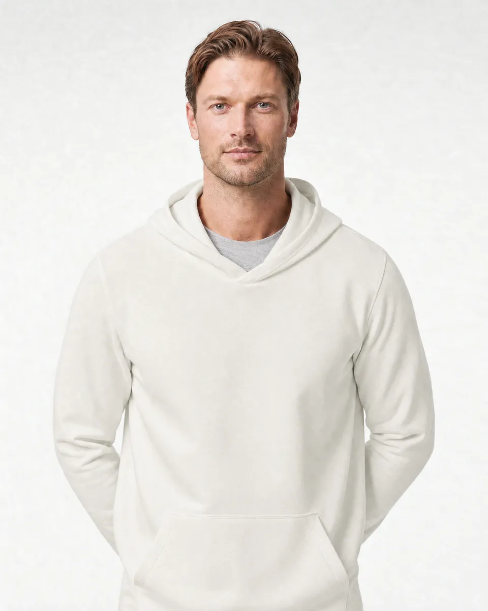 StringKing Men's Pima Terry Hoodie - Relaxed Fit, Tofu, Collar Shoulder - Human Model