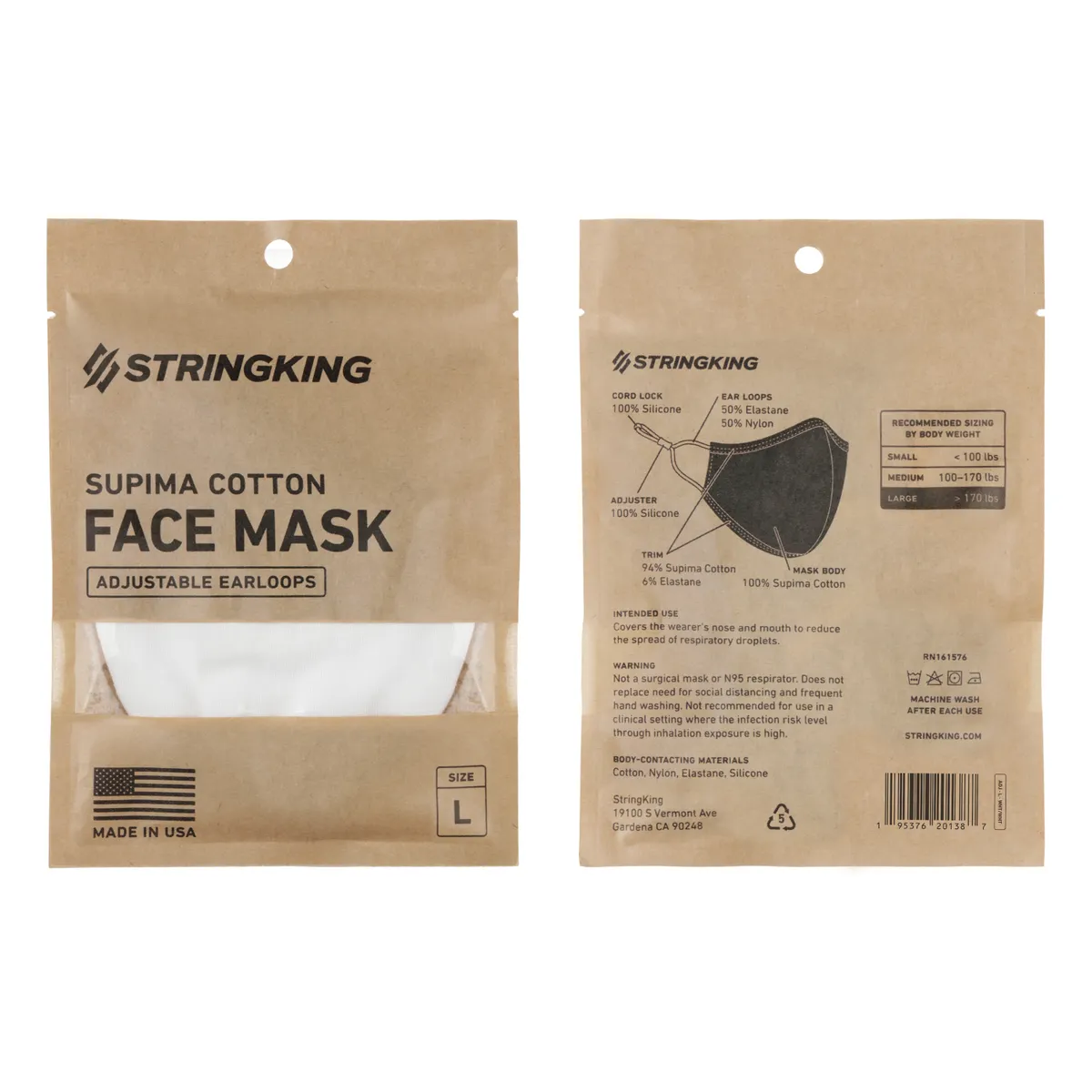 StringKing Cloth Face Mask - Adjustable, Single, Large, White, Front, Back