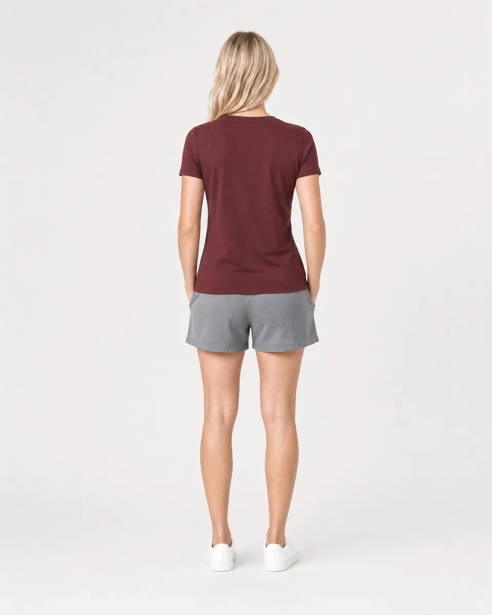 StringKing Women's Pima Jersey V-Neck Tee - Sharp Fit, New Maroon, Full Back - Human Model - Top of head to Mid-thigh