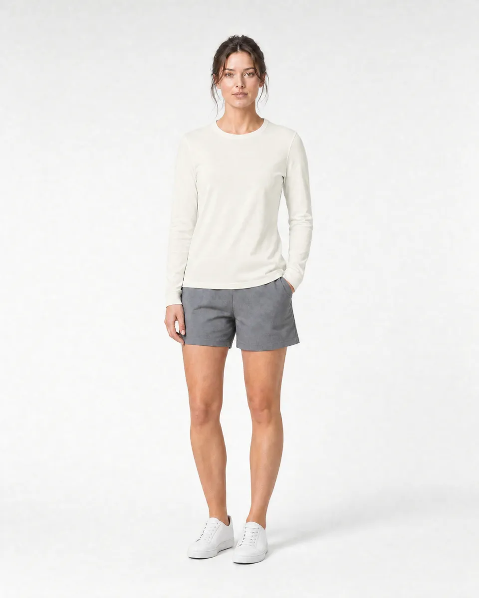 StringKing Women's Pima Jersey Long Sleeve Tee - Sharp Fit, Tofu, Full Front - Human Model