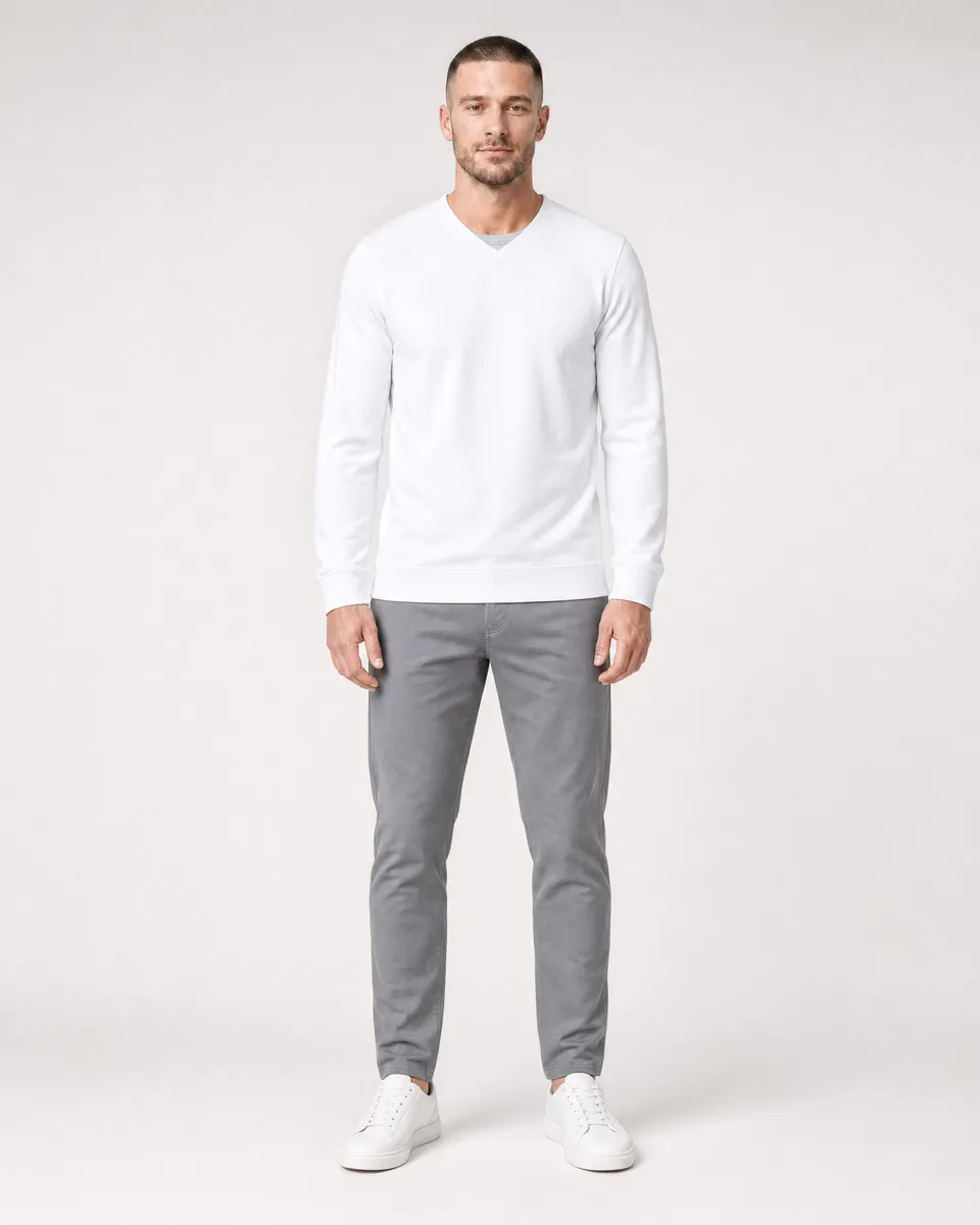 StringKing Men's Pima Terry V-Neck Sweater - Sharp Fit, White, Full Front - Human Model - Top of head to Knees