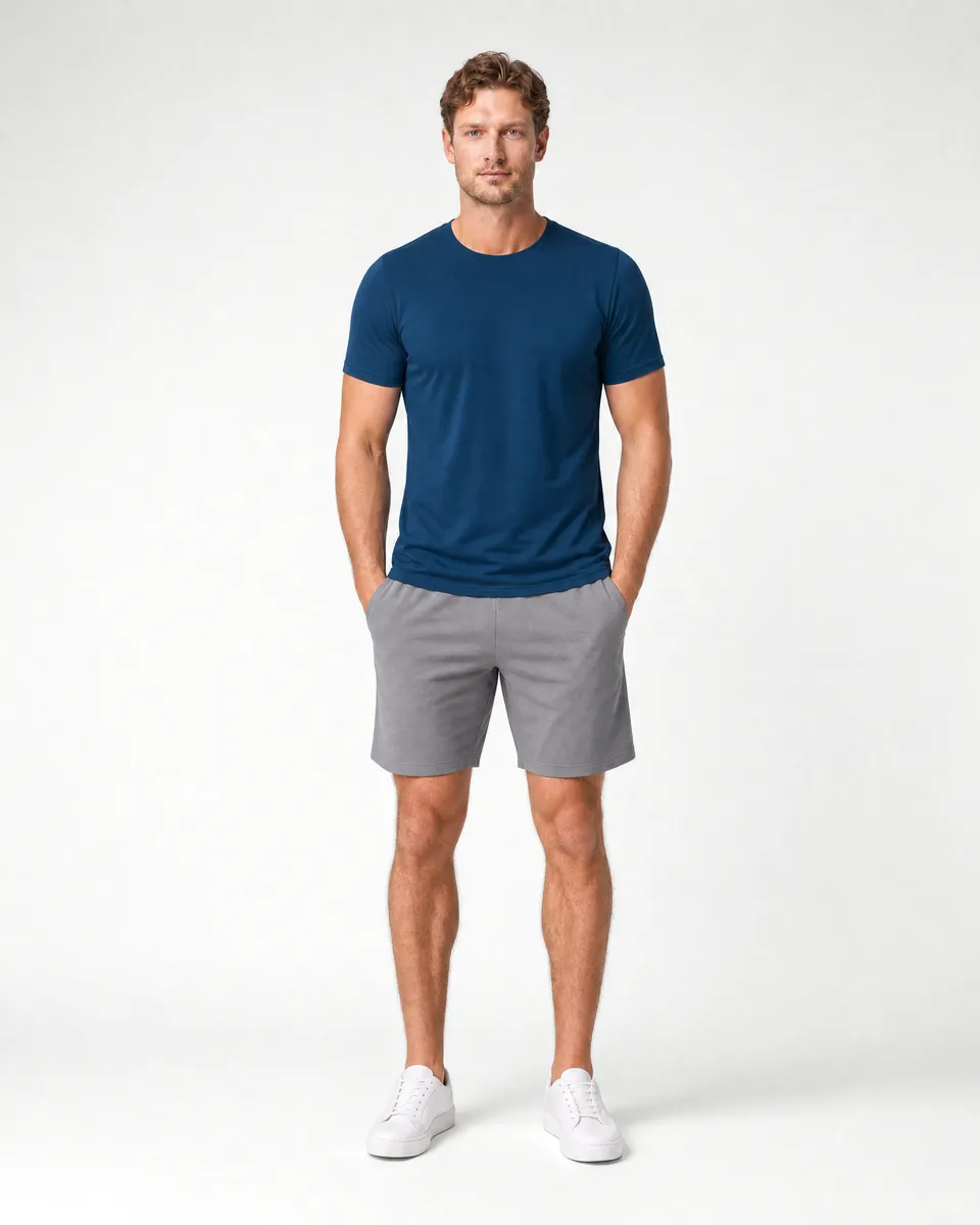StringKing Men's StayWarm Tee - Sharp Fit, Navy Blue, Full Front - Human Model - Top of head to Knees