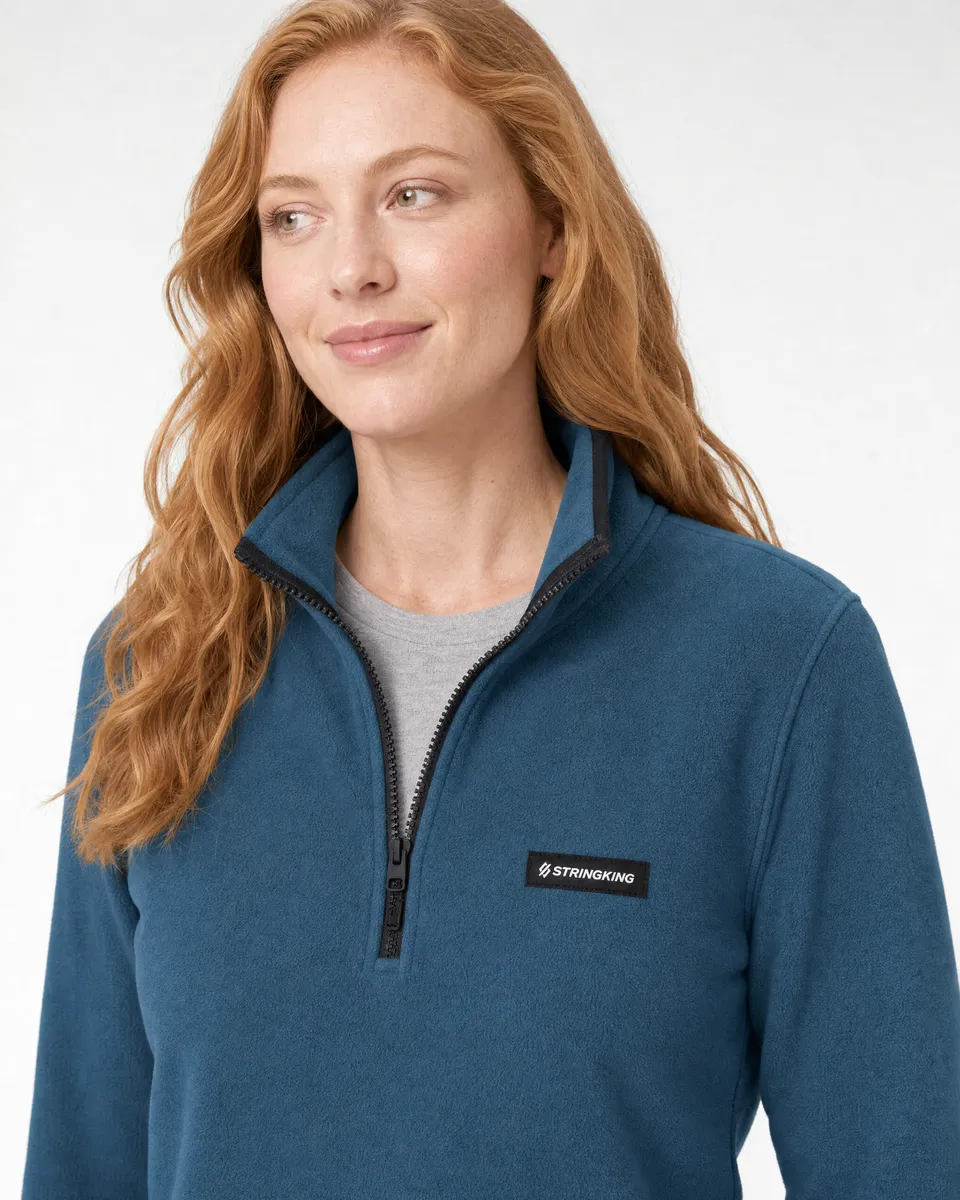 StringKing Women's Polartec Fleece Quarter Zip - Sharp Fit, Indian Teal, Collar Shoulder - Human Model