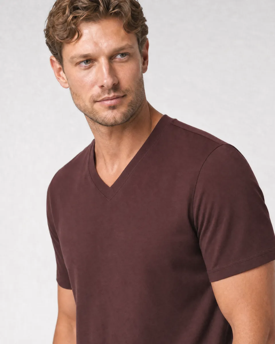 StringKing Men's Pima Jersey V-Neck Tee - Sharp Fit, New Maroon, Collar Shoulder - Human Model