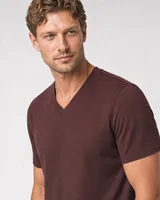 StringKing Men's Pima Jersey V-Neck Tee - Sharp Fit, New Maroon, Collar Shoulder - Human Model