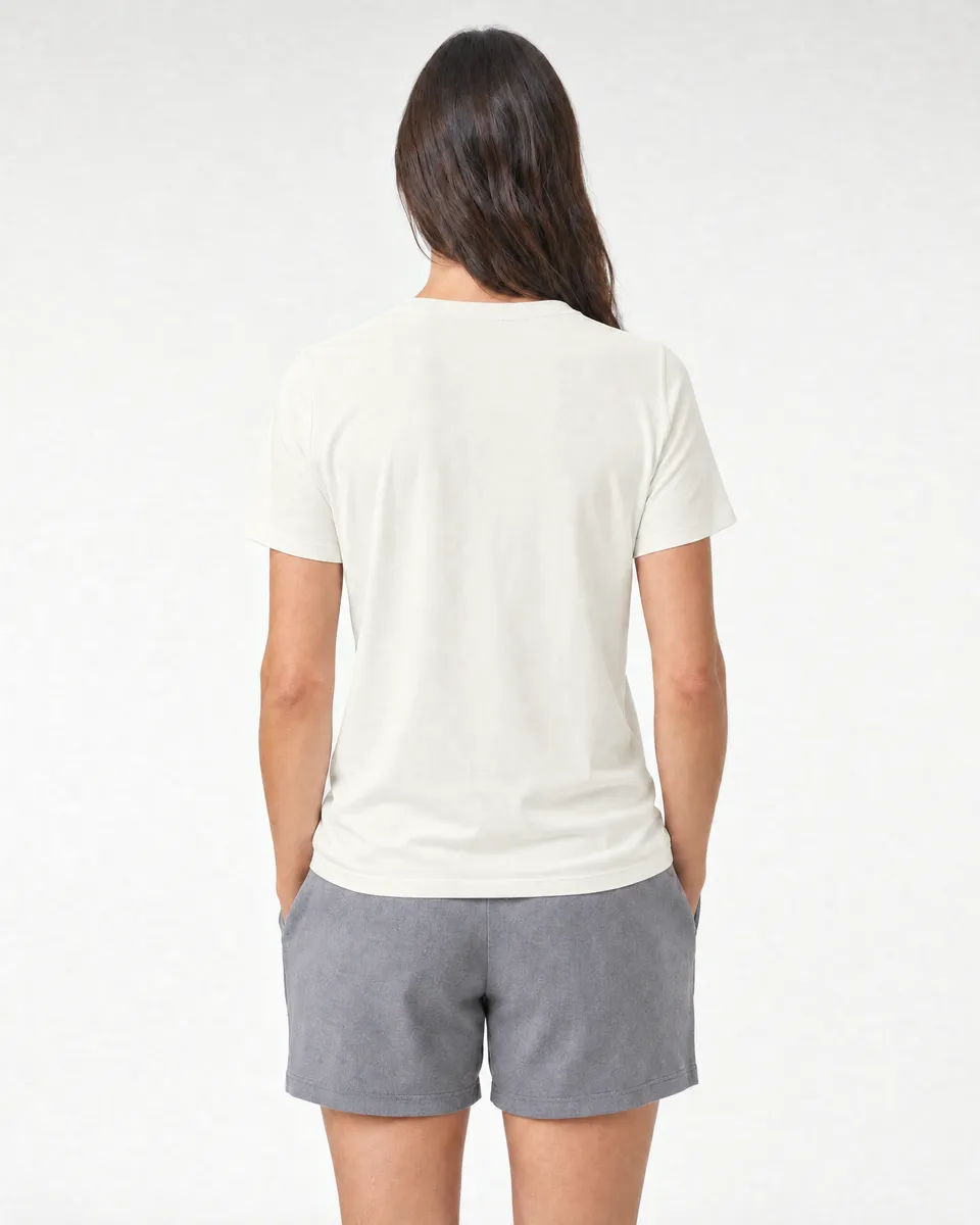 StringKing Women's Pima Jersey V-Neck Tee - Relaxed Fit, Tofu, Full Back - Human Model - Top of head to Mid-thigh