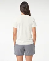StringKing Women's Pima Jersey V-Neck Tee - Relaxed Fit, Tofu, Full Back - Human Model - Top of head to Mid-thigh