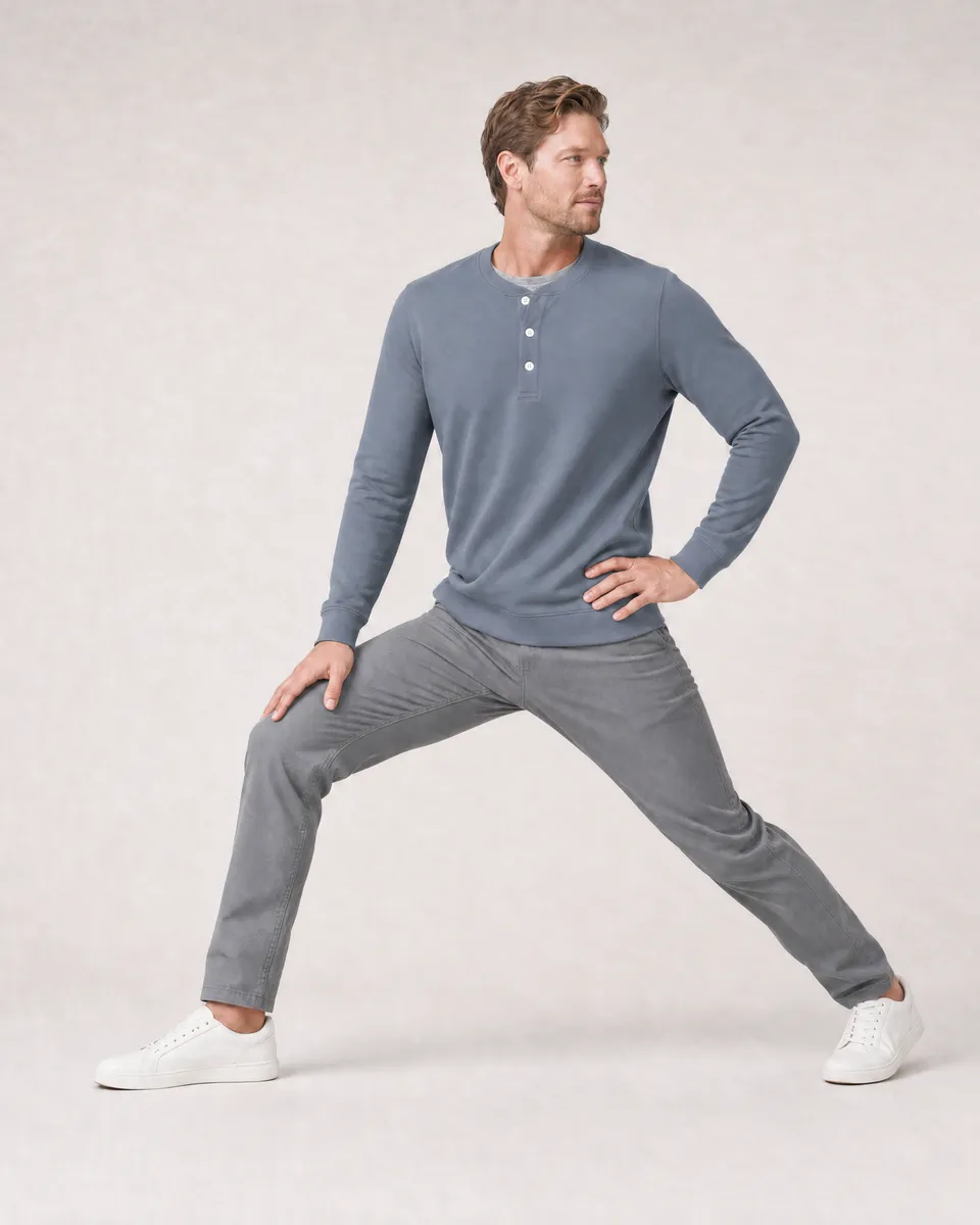 StringKing Men's Pima Terry Henley - Sharp Fit, Tradewinds, Full Front Angle - Human Model