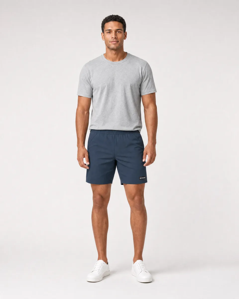 StringKing Men's Nylon Flex Game Shorts - Sharp Fit, Navy, Full Front - Human Model