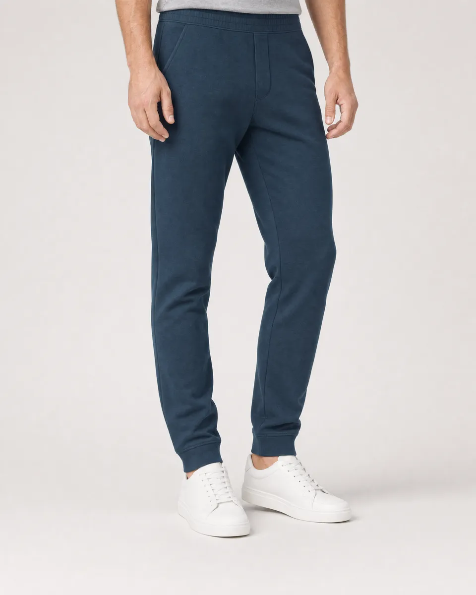 StringKing Men's Pima Terry Sweatpants - Sharp Fit, Navy, Full Front - Human Model - Waist to Feet