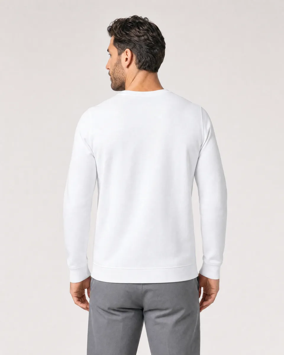 StringKing Men's Pima Terry Crew Sweater - Sharp Fit, White, Full Back - Human Model - Top of head to Mid-thigh