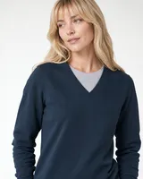 StringKing Women's Pima Terry V-Neck Sweater - Sharp Fit, Navy, Collar Shoulder - Human Model