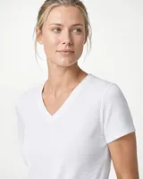 StringKing Women's Pima Terry V-Neck Tee - Sharp Fit, White, Collar Shoulder - Human Model
