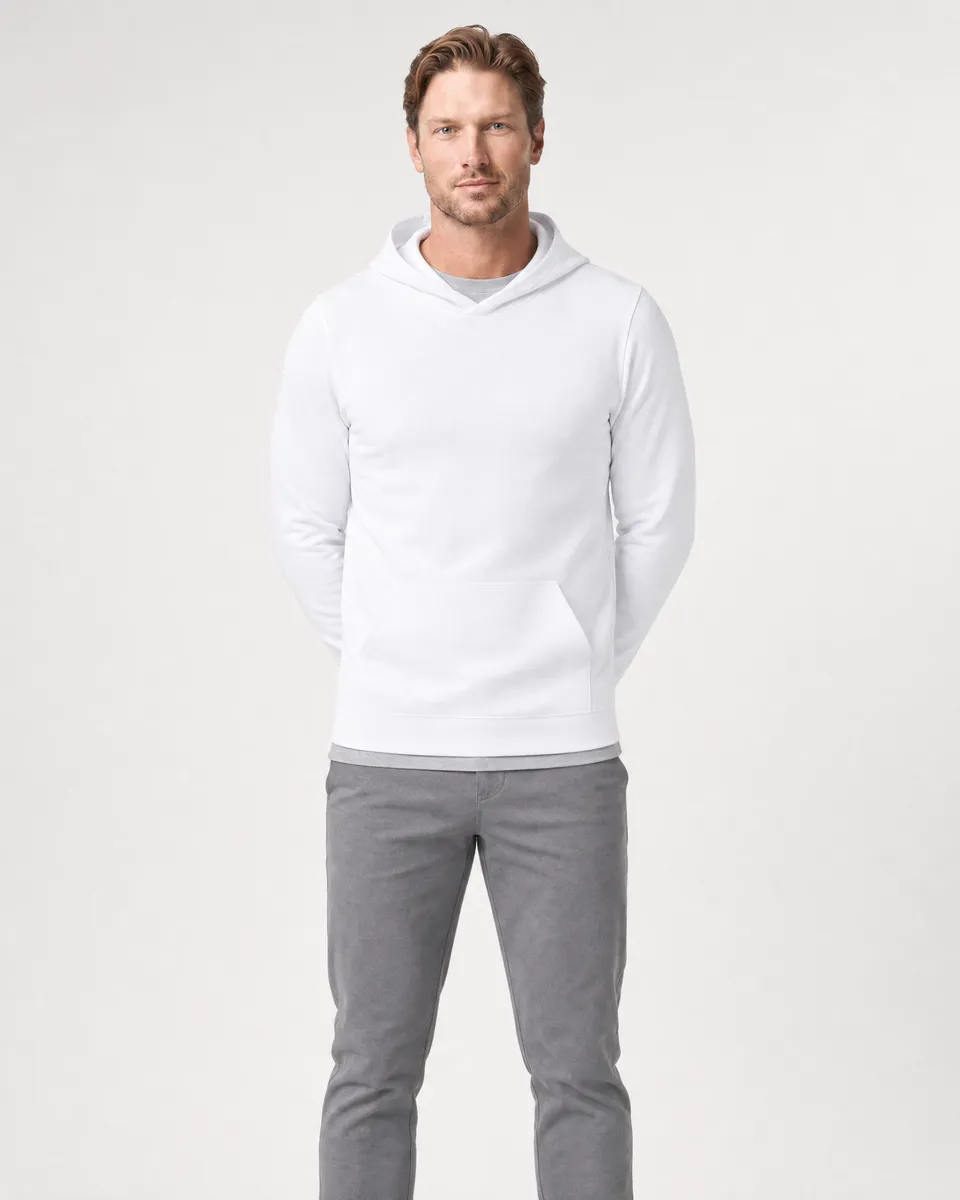 StringKing Men's StayWarm Hoodie - Sharp Fit, White, Full Front - Human Model - Top of head to Knees