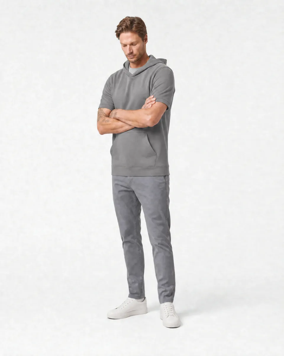StringKing Men's Pima Terry Short Sleeve Hoodie - Sharp Fit, Frost Gray, Full Front Angle - Human Model