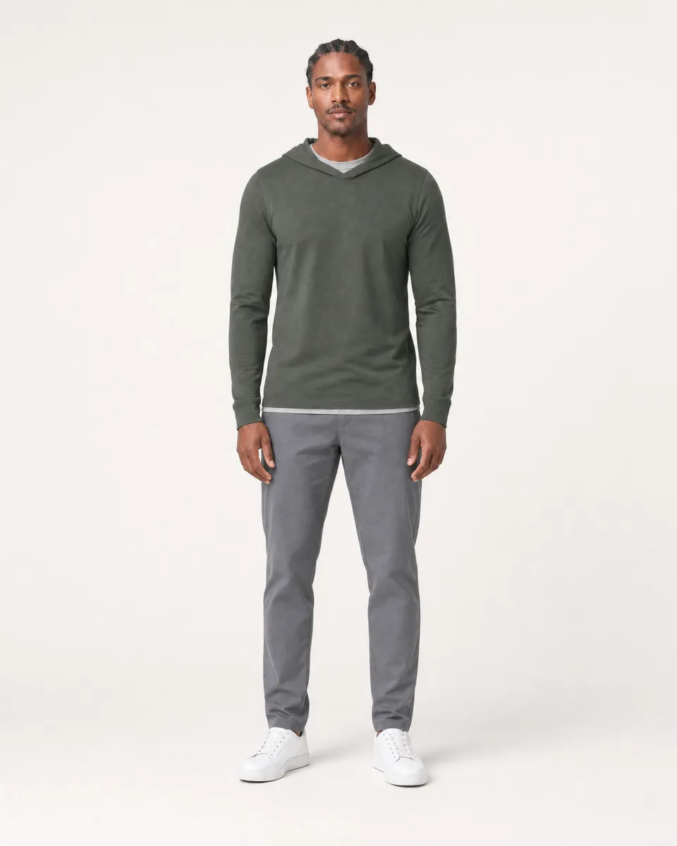 StringKing Men's Pima Jersey Hoodie - Sharp Fit, Moss, Full Front - Human Model