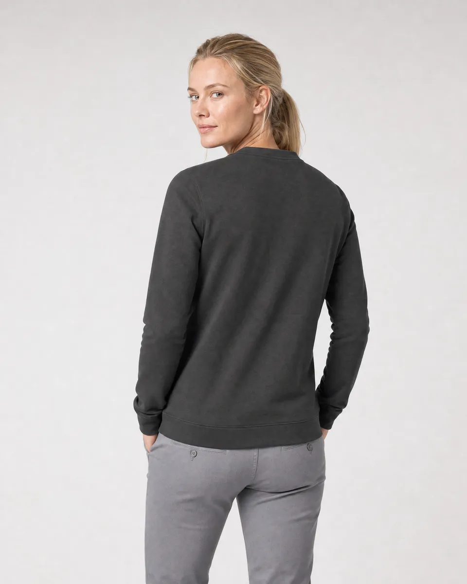 StringKing Women's Pima Terry V-Neck Sweater - Sharp Fit, Peat, Full Back - Human Model - Top of head to Mid-thigh