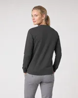 StringKing Women's Pima Terry V-Neck Sweater - Sharp Fit, Peat, Full Back - Human Model - Top of head to Mid-thigh