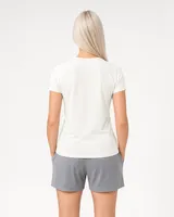 StringKing Women's Pima Jersey V-Neck Tee - Sharp Fit, Tofu, Full Back - Human Model - Top of head to Mid-thigh