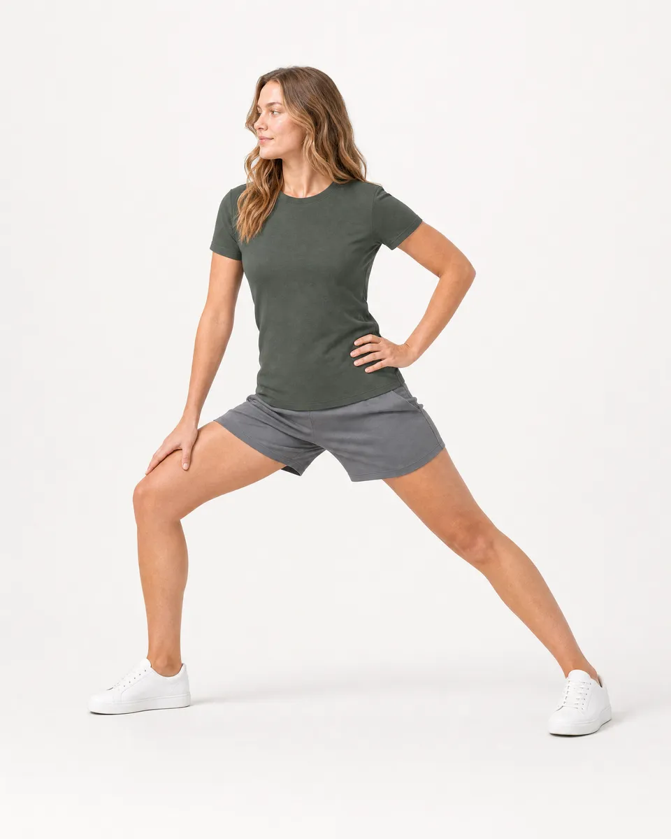 StringKing Women's Pima Terry Tee - Sharp Fit, Moss, Full Front Angle - Human Model