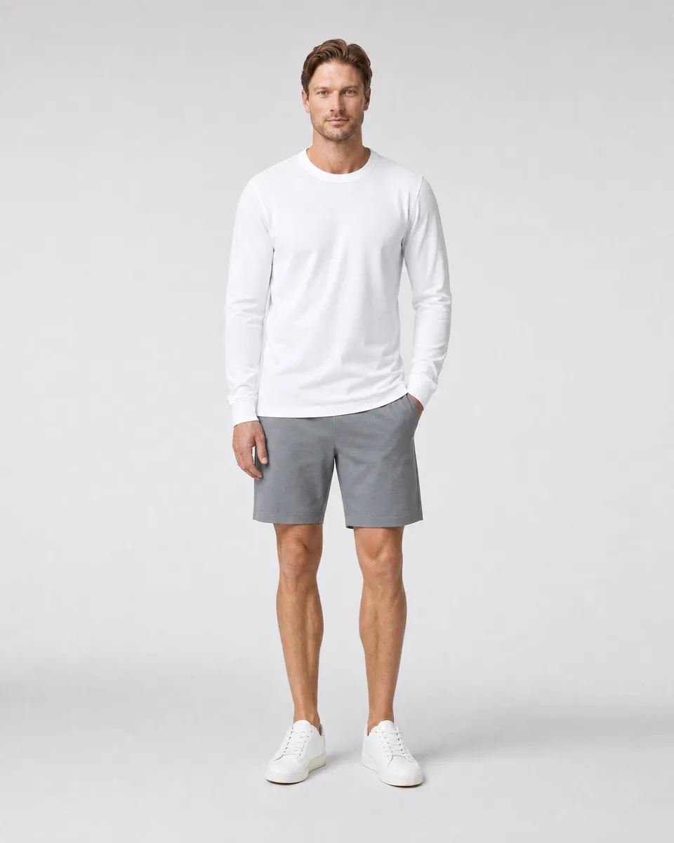 StringKing Men's Pima Terry Long Sleeve Tee - Sharp Fit, White, Full Front - Human Model