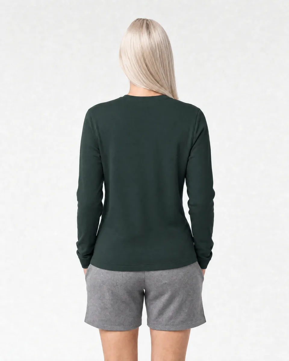 StringKing Women's Pima Terry Long Sleeve Tee - Sharp Fit, Pine Grove, Full Back - Human Model - Top of head to Mid-thigh