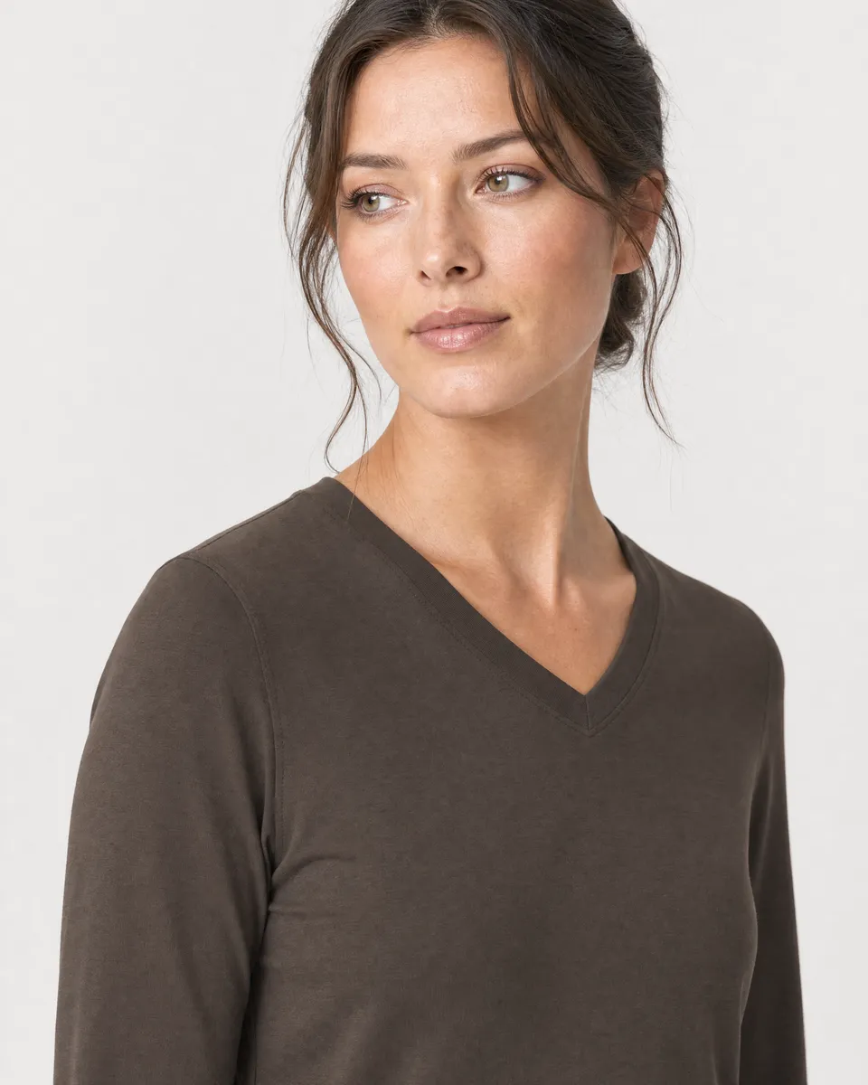 StringKing Women's Pima Jersey Long Sleeve V-Neck Tee - Relaxed Fit, Wren, Collar Shoulder - Human Model