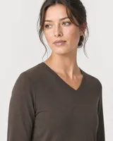 StringKing Women's Pima Jersey Long Sleeve V-Neck Tee - Relaxed Fit, Wren, Collar Shoulder - Human Model