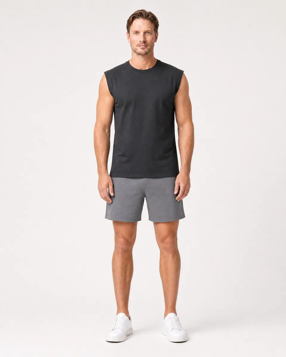 StringKing Men's StayWarm Tank Top - Sharp Fit, Black, Full Front - Human Model - Top of head to Knees