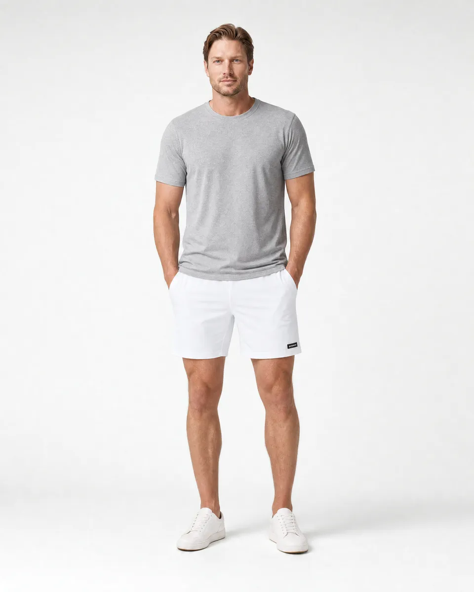 StringKing Men's Nylon Flex Game Shorts - Sharp Fit, White, Full Front - Human Model