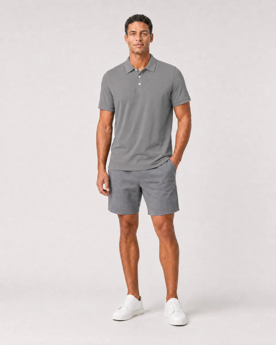 StringKing Men's Pima Terry Polo - Relaxed Fit, Frost Gray, Full Front - Human Model