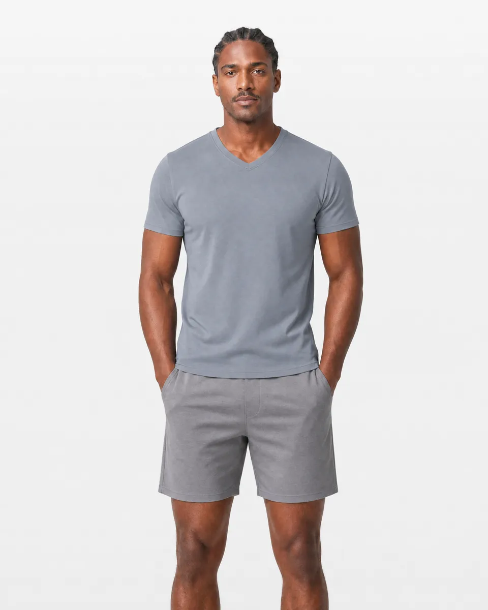 StringKing Men's Pima Terry V-Neck Tee - Sharp Fit, Tradewinds, Full Front - Human Model - Top of head to Knees