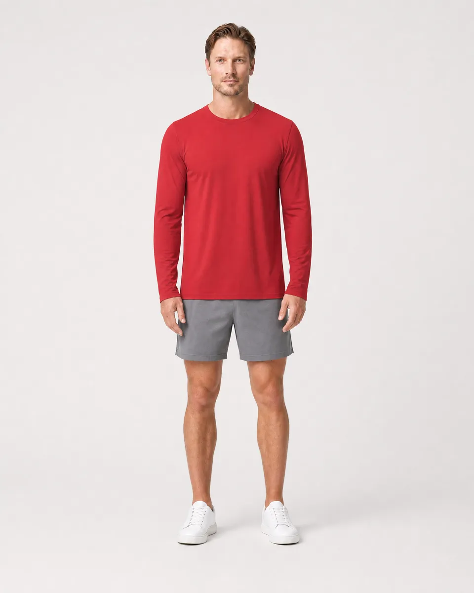 StringKing Men's StayCool Long Sleeve Tee - Relaxed Fit, Red, Full Front - Human Model