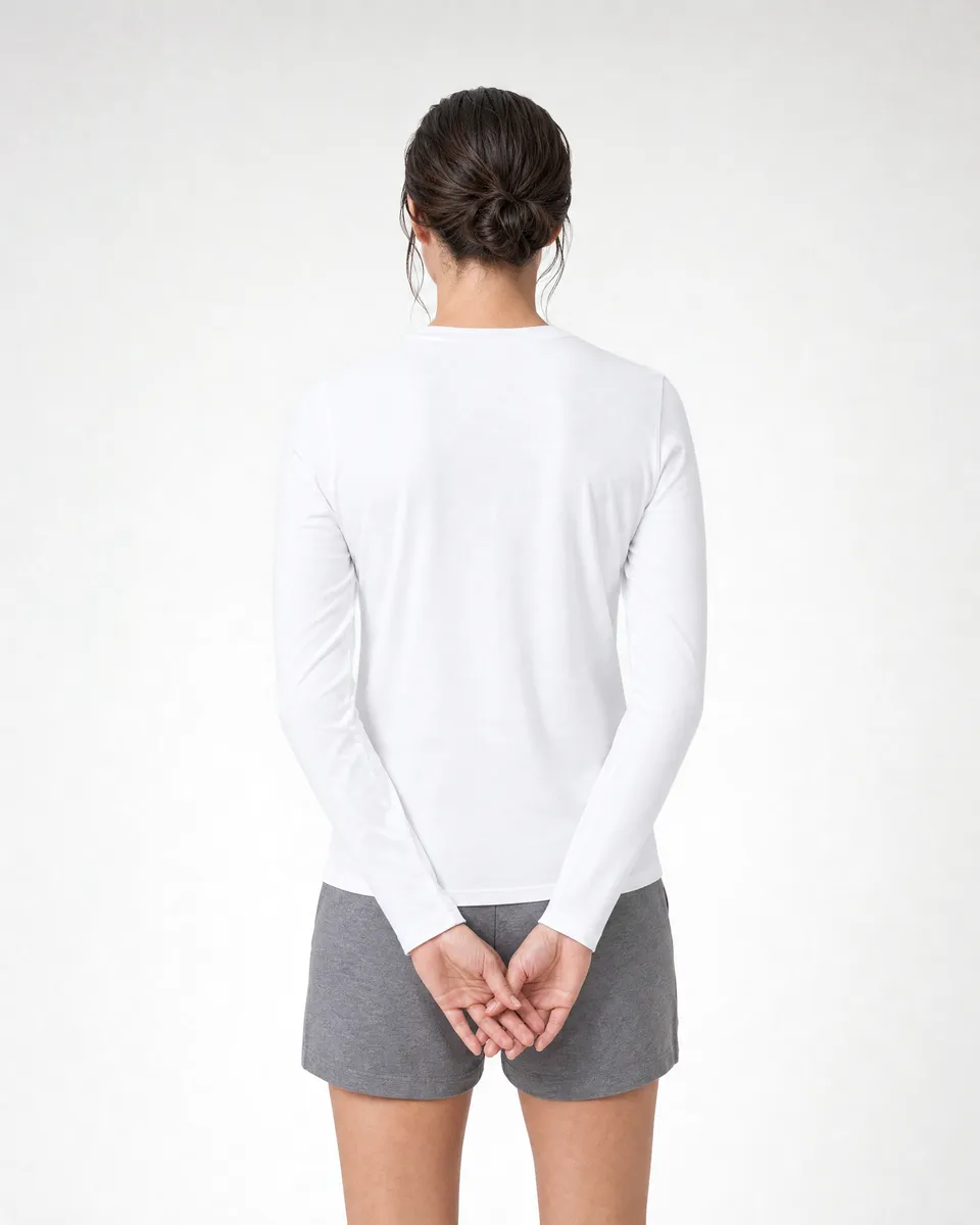 StringKing Women's Pima Jersey Long Sleeve Tee - Sharp Fit, White, Full Back - Human Model - Top of head to Mid-thigh