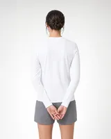 StringKing Women's Pima Jersey Long Sleeve Tee - Sharp Fit, White, Full Back - Human Model - Top of head to Mid-thigh