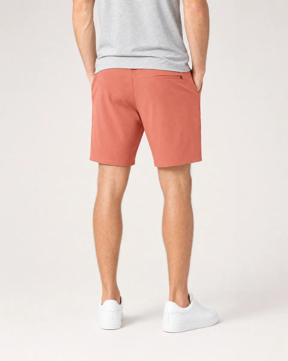 StringKing Men's Nylon Flex Shorts - Sharp Fit, Crabapple, Full Back - Human Model - Chest to Feet