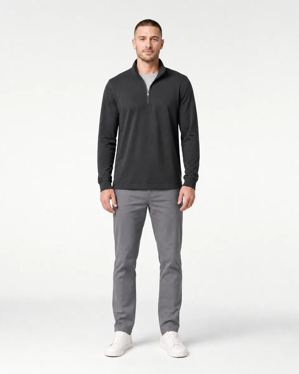 StringKing Men's StayWarm Quarter Zip - Relaxed Fit, Black, Full Front - Human Model