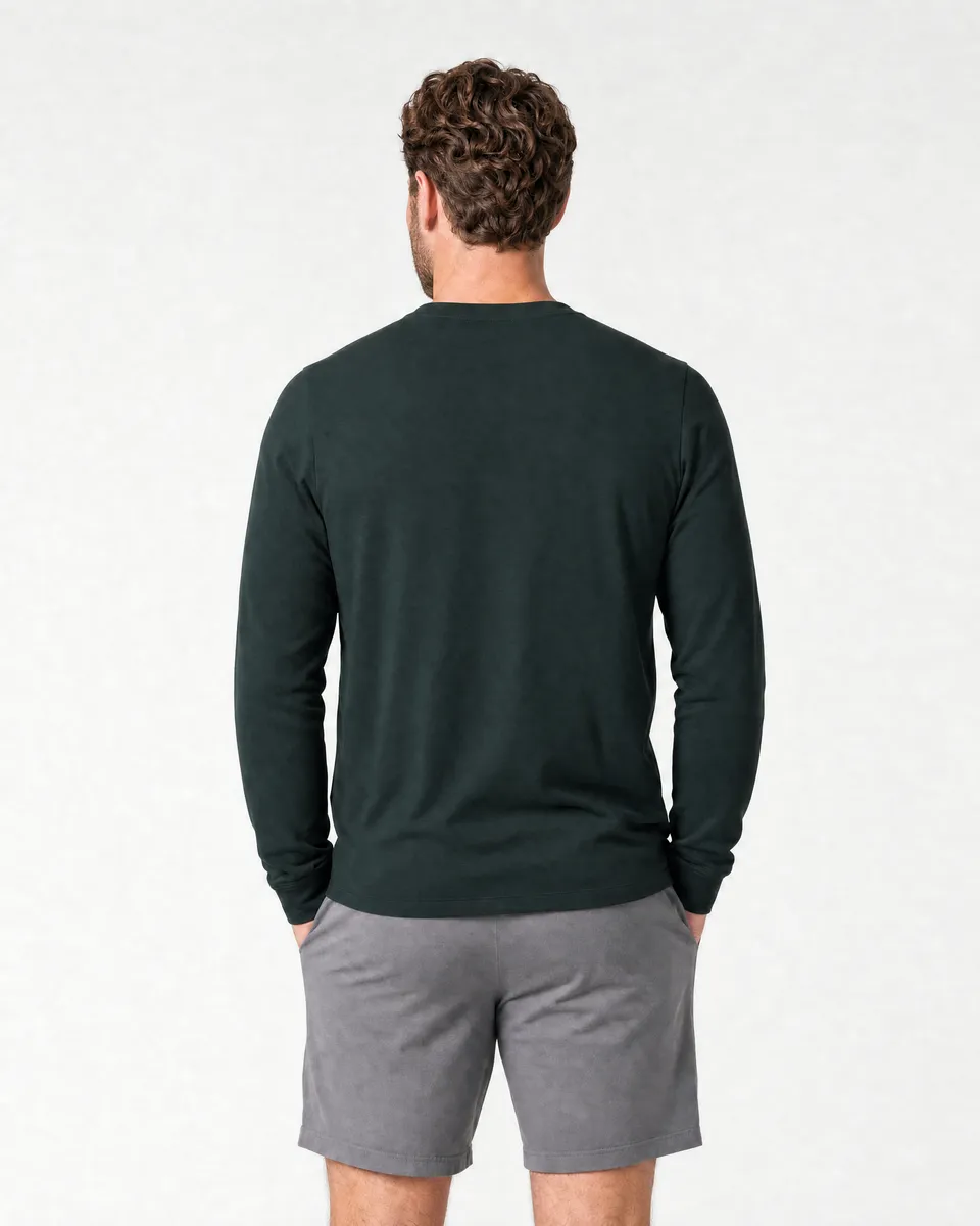 StringKing Men's Pima Terry Long Sleeve Tee - Sharp Fit, Pine Grove, Full Back - Human Model - Top of head to Mid-thigh