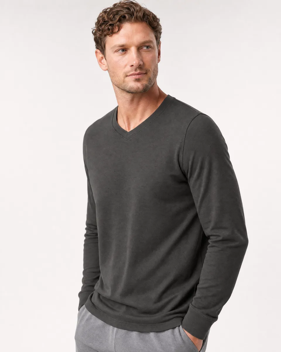 StringKing Men's Pima Terry Long Sleeve V-Neck Tee - Sharp Fit, Peat, Collar Shoulder - Human Model