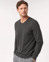 StringKing Men's Pima Terry Long Sleeve V-Neck Tee - Sharp Fit, Peat, Collar Shoulder - Human Model