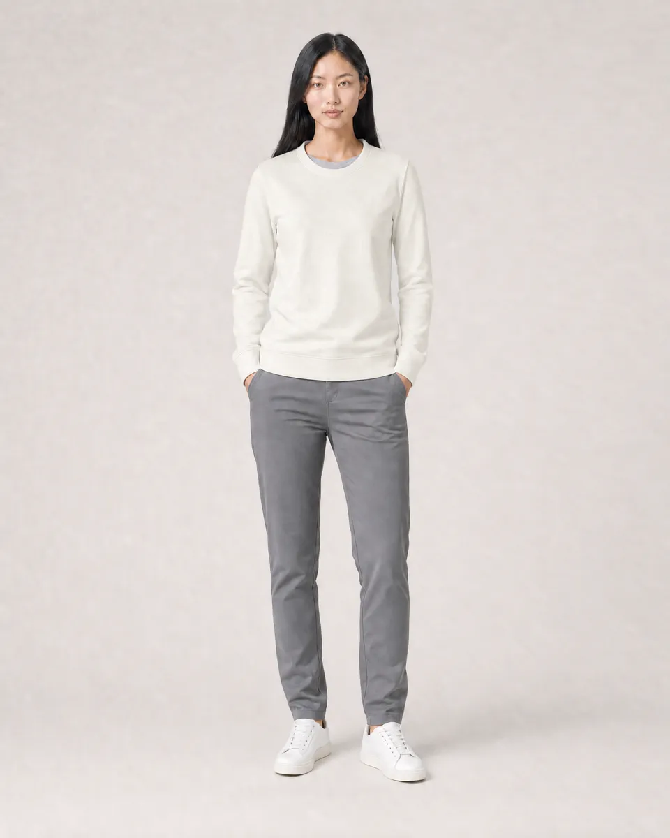 StringKing Women's Pima Terry Crew Sweater - Sharp Fit, Tofu, Full Front - Human Model