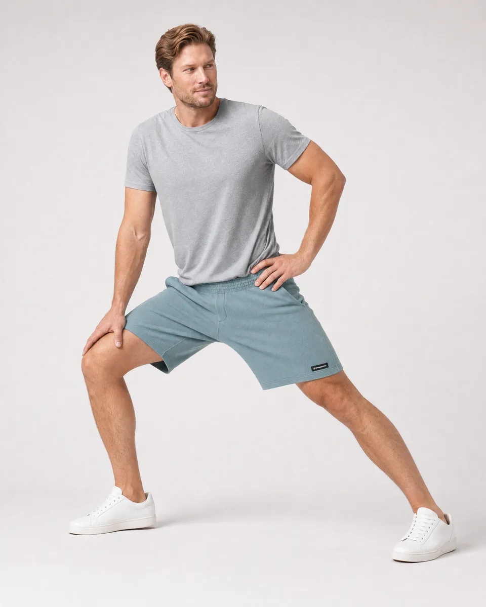 StringKing Men's Polartec Fleece Shorts - Relaxed Fit, Slate, Full Front Angle - Human Model