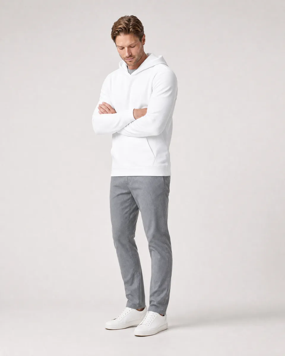 StringKing Men's StayWarm Hoodie - Sharp Fit, White, Full Front Angle - Human Model