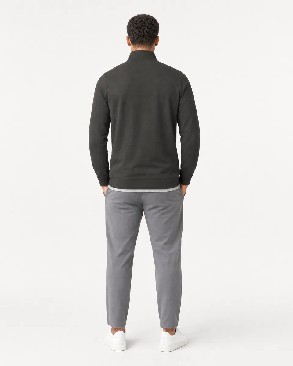 StringKing Men's Pima Terry Quarter Zip - Sharp Fit, Peat, Full Back - Human Model - Top of head to Mid-thigh