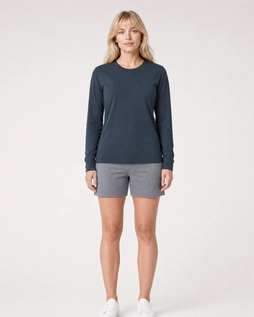 StringKing Women's Pima Jersey Long Sleeve Tee - Sharp Fit, Navy, Full Front - Human Model - Top of head to Knees
