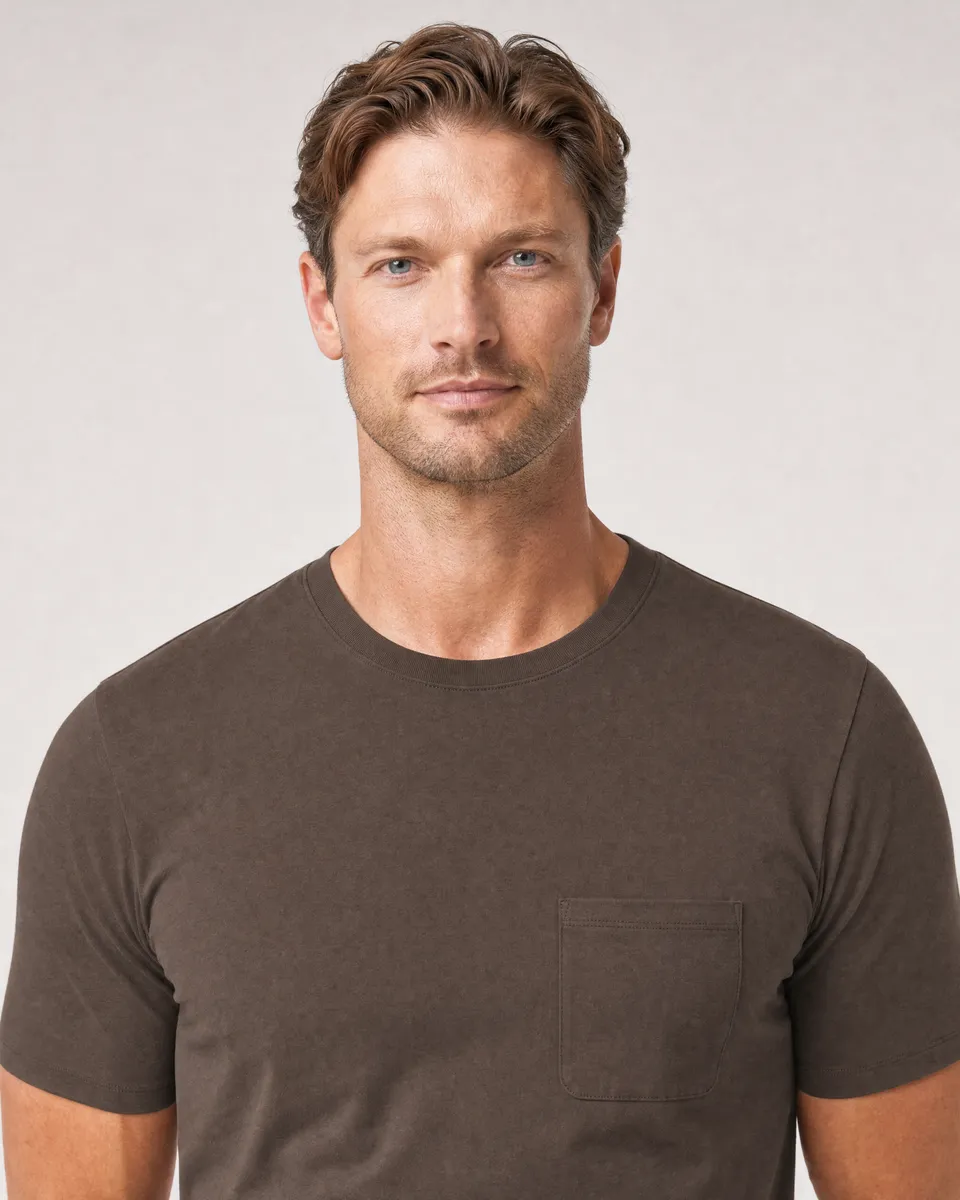 StringKing Men's Pima Jersey Pocket Tee - Sharp Fit, Wren, Collar Shoulder - Human Model