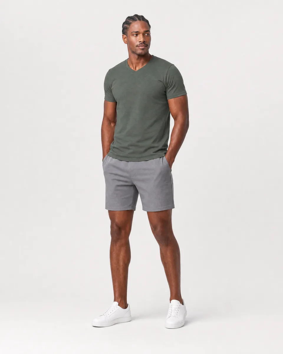StringKing Men's Pima Jersey V-Neck Tee - Sharp Fit, Moss, Full Front - Human Model - Top of head to Knees
