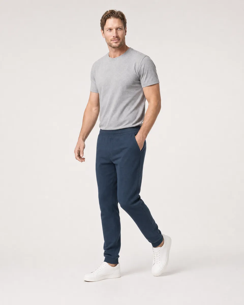 StringKing Men's Pima Terry Sweatpants - Sharp Fit, Navy, Full Front Angle - Human Model