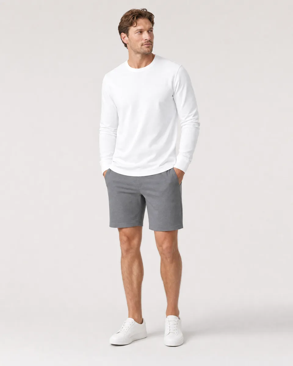 StringKing Men's Pima Terry Long Sleeve Tee - Sharp Fit, White, Full Front - Human Model - Top of head to Knees